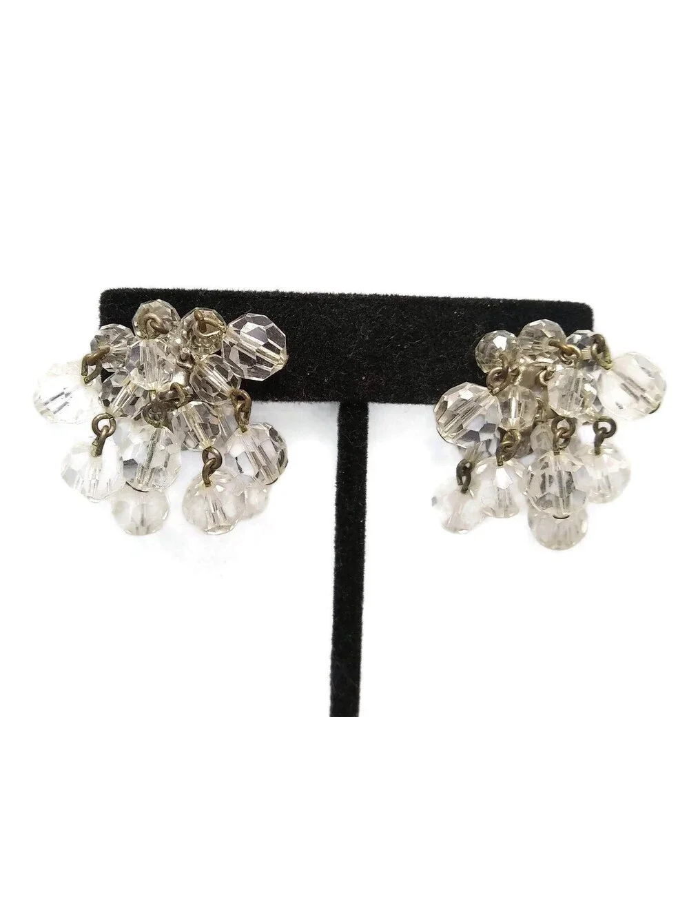 VTG Cascading Faceted Crystals Beaded Waterfall Silver Tone Clip on Earrings.